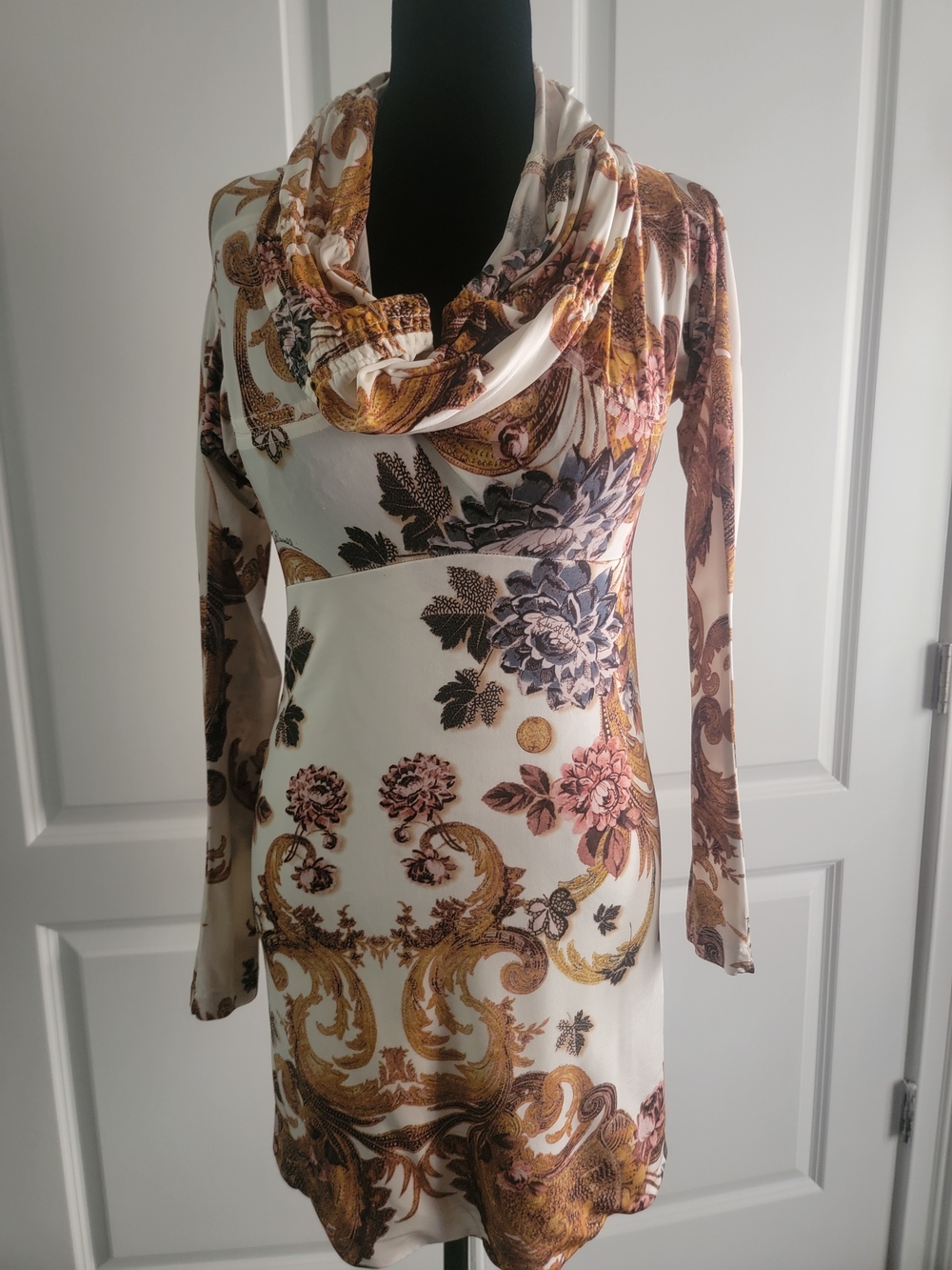 Just Cavalli White Floral Baroque Long Sleeve Cowl Neck Top